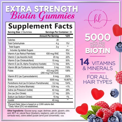 Hair Vitamins Gummies with Biotin 5000 mcg per Serving - Hair Growth Support with Vitamins E & C for Thicker, Stronger & Beautiful Hair - Hair Skin and Nails Vitamin, Gluten Free - 60 Gummies