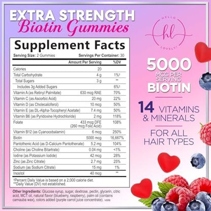 Hair Vitamins Gummies with Biotin 5000 mcg per Serving - Hair Growth Support with Vitamins E & C for Thicker, Stronger & Beautiful Hair - Hair Skin and Nails Vitamin, Gluten Free - 60 Gummies