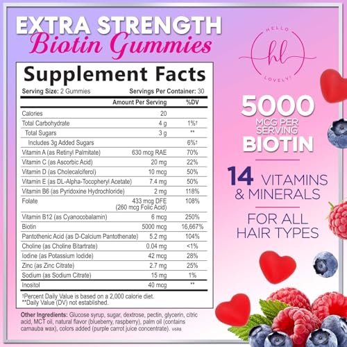 Hair Vitamins Gummies with Biotin 5000 mcg per Serving - Hair Growth Support with Vitamins E & C for Thicker, Stronger & Beautiful Hair - Hair Skin and Nails Vitamin, Gluten Free - 60 Gummies - görsel 6