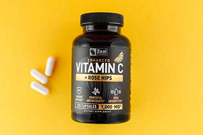 Vitamin C with Rose Hips 1000mg - Pure Ascorbic Acid Supplement - High Dose Vitamin C Capsules for Immune Support - 120 Count