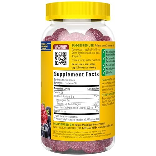 Nature Made High Absorption Magnesium Citrate 200 mg per serving, Magnesium Supplement for Muscle, Nerve, Bone and Heart Support, 60 Magnesium Gummies, 30 Day Supply - görsel 1