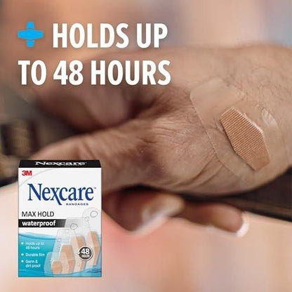 Nexcare Max Hold Waterproof Bandages, Comfortable, Low-Profile Film Fits Close To The Skin, Knee & Elbow, 2.38 x 3.5 in, 18 Count