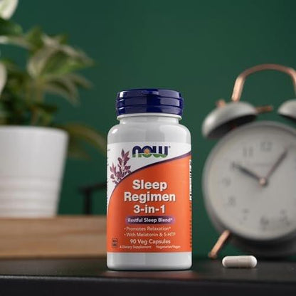 NOW Foods Supplements, Sleep Regimen 3-In-1, With Melatonin, 5-HTP and L-Theanine, Restful Sleep Blend, 90 Veg Capsules