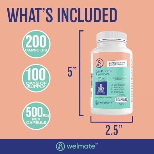 WELMATE Saccharomyces Boulardii 500mg Probiotic 200 Capsules, 10 Billion CFU, 100 Day Supply - Gut Health, Digestive and Immune Support - Shelf Stable, Vegan, Gluten Free, Non-GMO - görsel 4