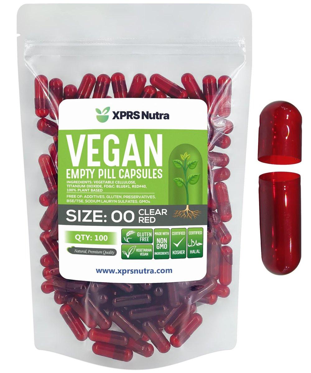 XPRS Nutra Size 00 Empty Capsules - 100 Count Empty Vegan Capsules - Vegetarian Empty Pills - DIY Vegetable Capsule Filling- Veggie Pill Caps (Clear Red) - görsel 1