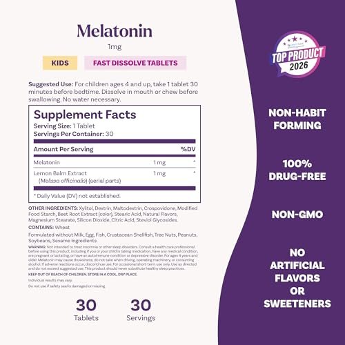 Natrol Kids Fast Dissolve Melatonin 1 mg, Dietary Supplement for Restful Sleep, Sleep Tablets for Kids, 30 Strawberry-Flavored Melatonin Tablets, 30 Day Supply - görsel 1