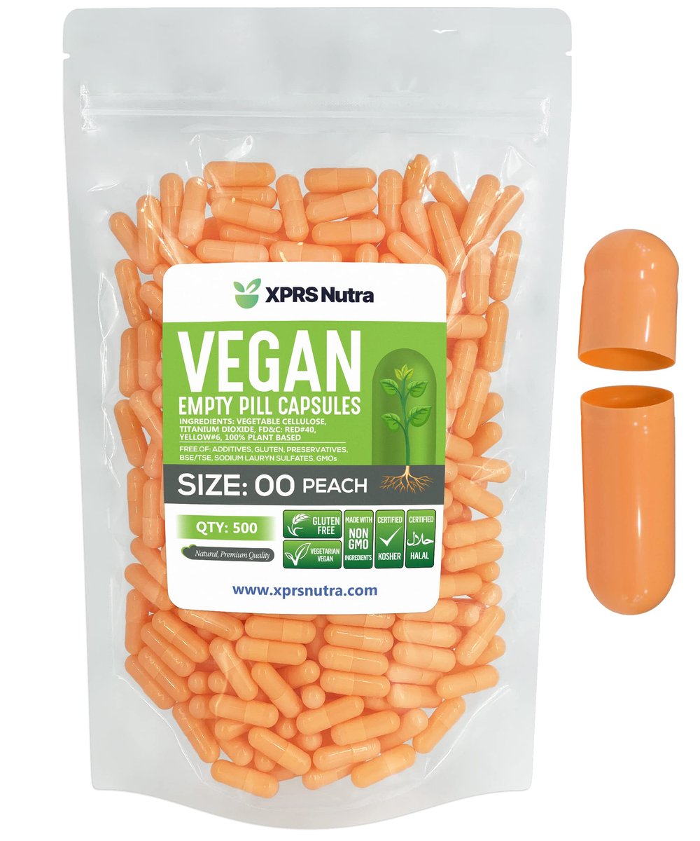 XPRS Nutra Size 00 Empty Capsules - 500 Count Empty Vegan Capsules - Vegetarian Empty Pills - DIY Vegetable Capsule Filling- Veggie Pill Caps (Peach) - görsel 1