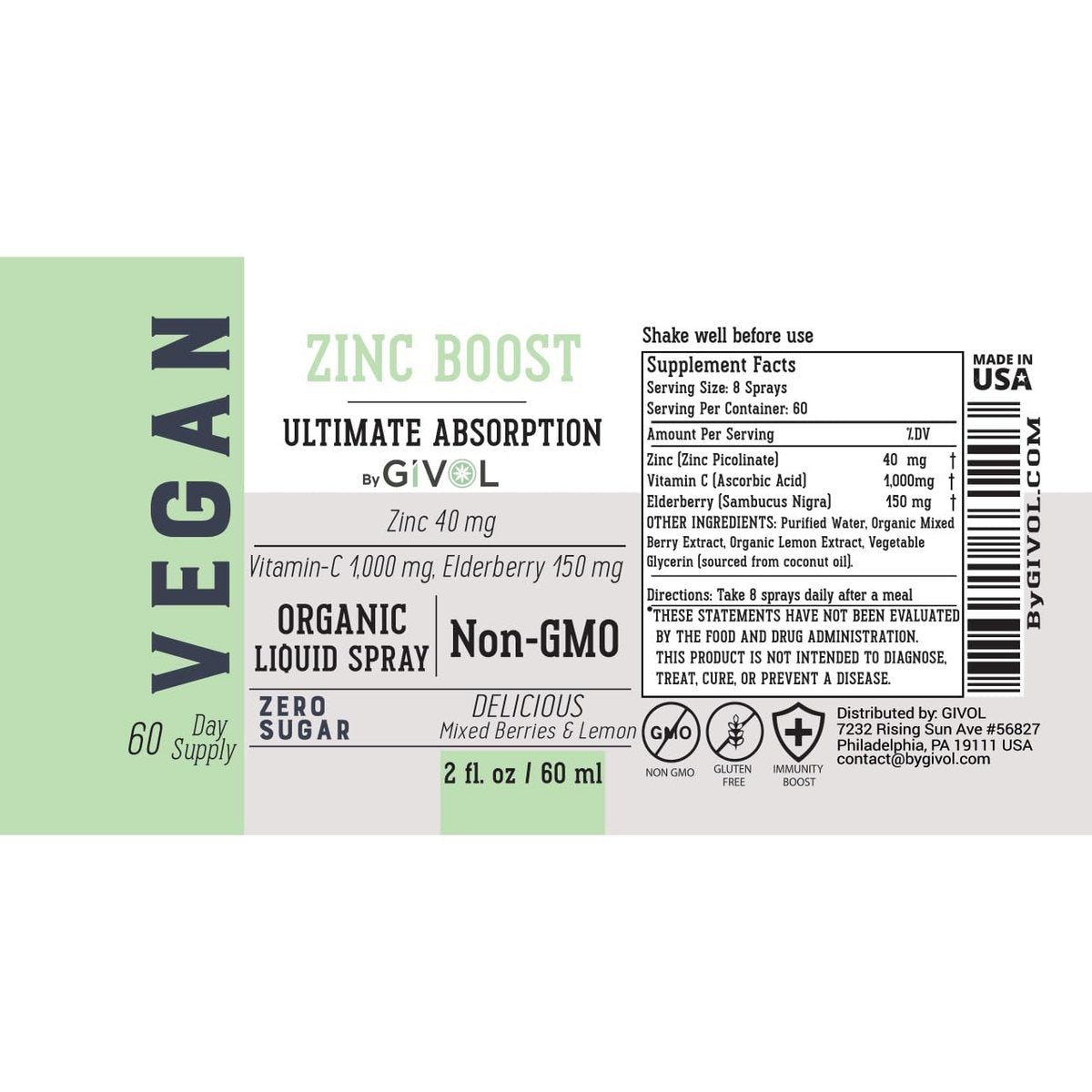 GIVOL Organic ZINC Boost Mist 40 mg (Extra Strength) - Sugar Free with Vit C and Elderberry Extract - Vegan Liquid Spray for Kids and Adults - Easy Absorption - Non-GMO - (60 ml) 60 Days Supply - görsel 9
