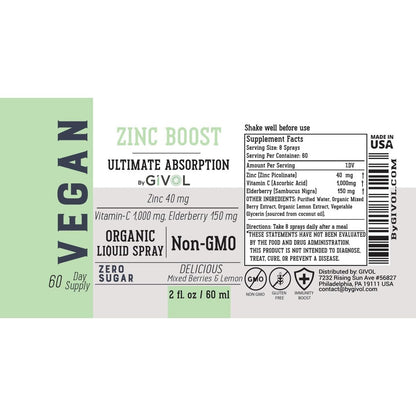 GIVOL Organic ZINC Boost Mist 40 mg (Extra Strength) - Sugar Free with Vit C and Elderberry Extract - Vegan Liquid Spray for Kids and Adults - Easy Absorption - Non-GMO - (60 ml) 60 Days Supply