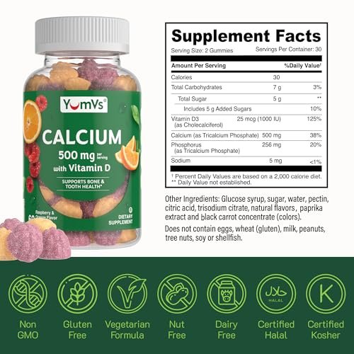 YumVs Calcium 500mg with Vitamin D3 - Raspberry & Orange Flavor Calcium Vitamin D Gummies, Chewable Calcium Supplement for Kids & Adults, Kosher Halal Gluten Free (60 Count) - görsel 8