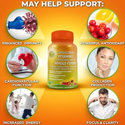 Liposomal Vitamin C Capsules - 1500mg - Made with Organic Acerola Cherries & Camu Camu, High Potency Vitamin C Liposomal - Immune Support Supplement, Enhanced Absorption & Bioavailability - 180 Count