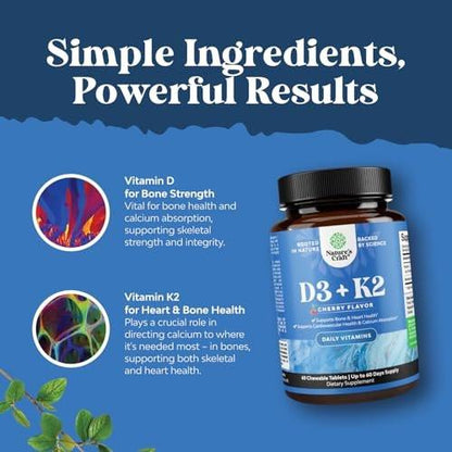 Vitamin D3 with K2 MK7 Supplement - Vitamin D3 2000 IU Tablets and K2 for Immune Support Bone Health Heart Health Joint Support Bone Strength and Mood Boost - VIT Immune System - 60 Count