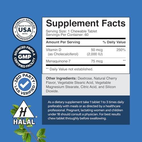 Vitamin D3 with K2 MK7 Supplement - Vitamin D3 2000 IU Tablets and K2 for Immune Support Bone Health Heart Health Joint Support Bone Strength and Mood Boost - VIT Immune System - 60 Count - görsel 6
