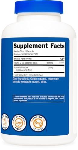 Nutricost Vitamin C with Rose Hips 1025mg, 120 Capsules - Vitamin C 1000mg, Rose Hips 25mg, Premium, Non-GMO, Gluten Free Supplement - görsel 10