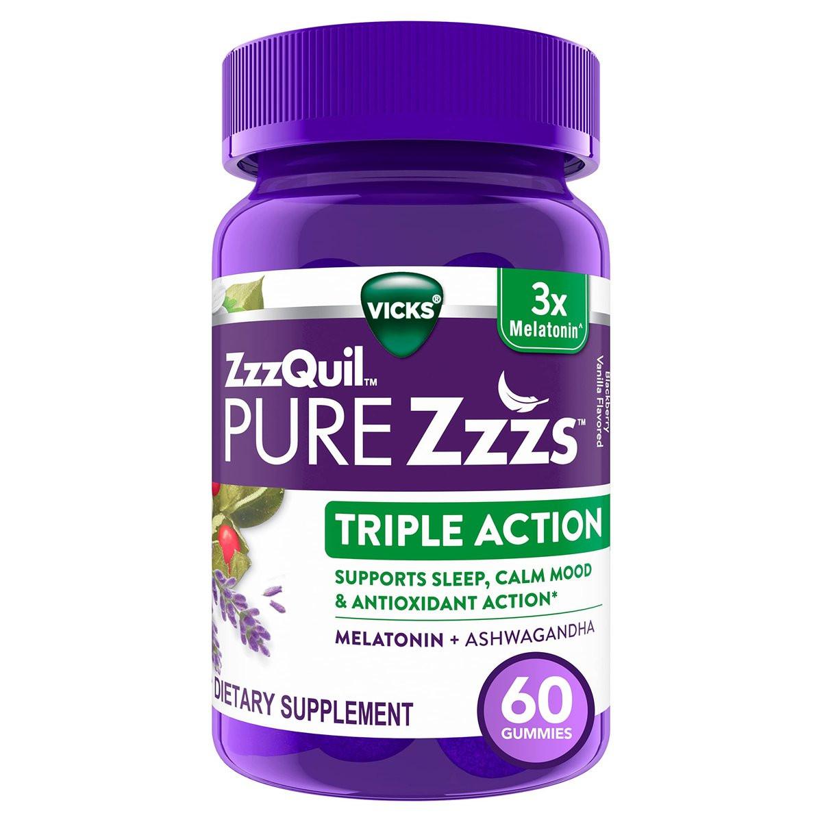 ZzzQuil PURE Zzzs Triple Action, Melatonin Gummies, Melatonin 6mg, 3X Melatonin, Sleep Aid with Ashwagandha, Calm Mood, Antioxidant Action, Sleep Aids for Adults, 60 Sleep Gummies - görsel 4