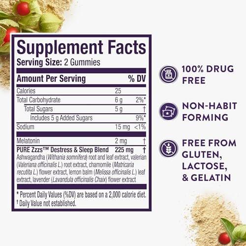ZzzQuil PURE Zzzs De-Stress 2mg Melatonin Gummies – Sleep Aids for Adults with Ashwagandha for Stress Support, 60 Gummies - görsel 7