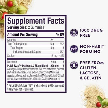 ZzzQuil PURE Zzzs De-Stress 2mg Melatonin Gummies – Sleep Aids for Adults with Ashwagandha for Stress Support, 60 Gummies