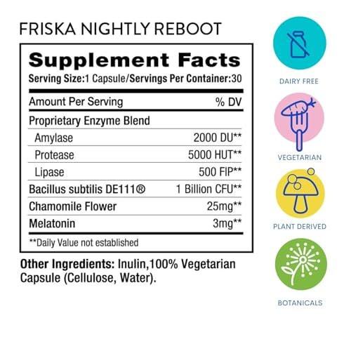 Friska Nightly Reboot - Nighttime Digestive Enzymes, Probiotic for Gut Balance & Bloating Support, with Melatonin & Chamomile to Promote Relaxation & Sleep, 30 Capsules - görsel 1
