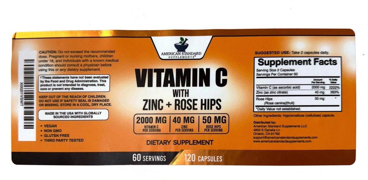 American Standard Supplements Vitamin C 2000mg, Zinc 40mg, and Rose Hips 50mg Per Serving, Vegan, Gluten Free, Non-GMO (120 Count) - görsel 1