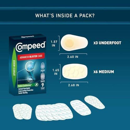 Compeed Advanced Blister Care Pads, Hydrocolloid Gel Cushions for Instant Pain Relief and Faster Healing, Sports Mixed Sizes, 9 Count (2 Packs)