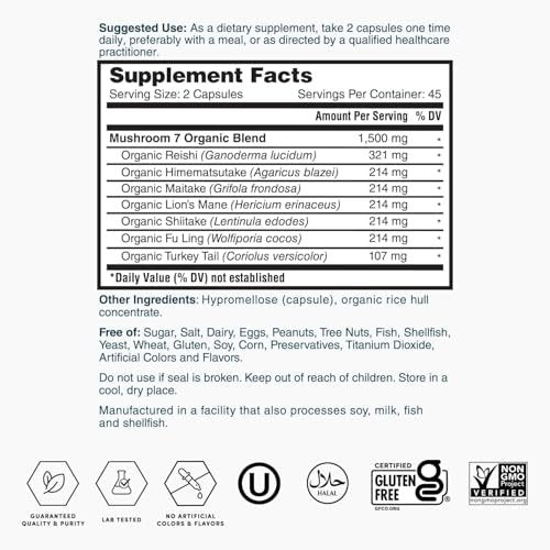 Nature's Lab Mushroom 7 Organic Blend - Benefits The Immune System, Cell Function and Endurance - 90 Capsules (45 Servings) - görsel 2
