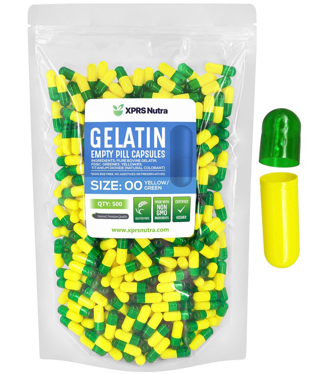 XPRS Nutra Size 00 Empty Capsules - 500 Count Empty Gelatin Capsules - Pills DIY Capsule Filling - Fillable Pill Gel Caps for Do-It-Yourself Supplements (Green/Yellow) - görsel 1
