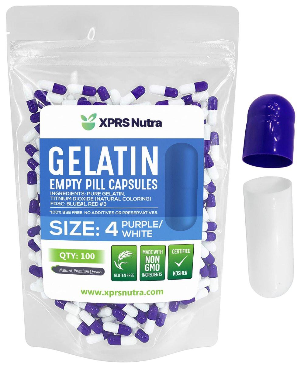 XPRS Nutra Size 4 Empty Capsules - 100 Count Small Empty Gelatin Capsules - Pills DIY Capsule Filling - Fillable Pure Bovine Pill Gel Caps for Do-It-Yourself Supplements (Purple/White) - görsel 1
