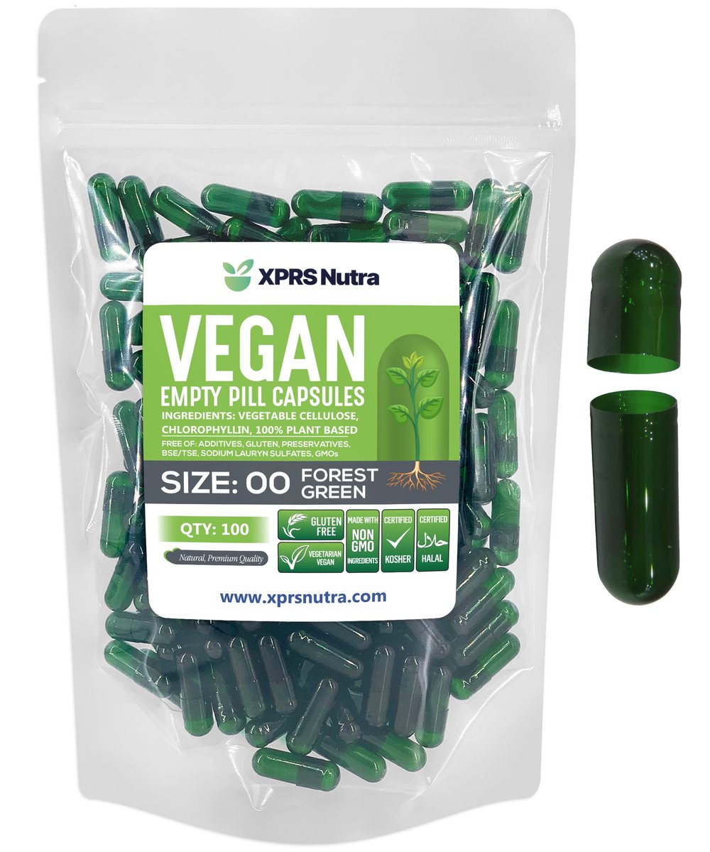 XPRS Nutra Size 00 Empty Capsules - 100 Count Empty Vegan Capsules - Vegetarian Empty Pills - DIY Vegetable Capsule Filling- Veggie Pill Caps (Forest Green) - görsel 1
