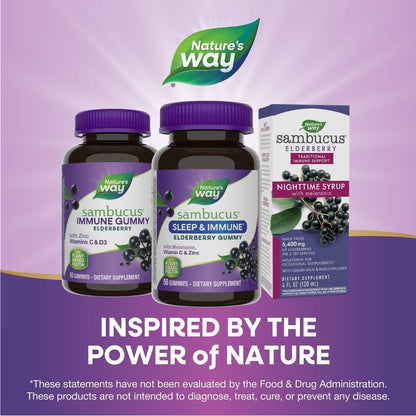 Nature's Way Sambucus Sleep + Immune* Elderberry Gummies, Sleep Support for Adults and Immune Support*, with Melatonin, Vitamin C, L-Theanine, Zinc, 50 Gummies (Packaging May Vary)