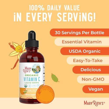 MARYRUTH'S Organic Vitamin C Supplement | Liquid Vitamin C Liquid Drops for Adults & Kids | Immune Support Supplement for Overall Health | Vegan | Non-GMO | Gluten Free | 4 Fl Oz