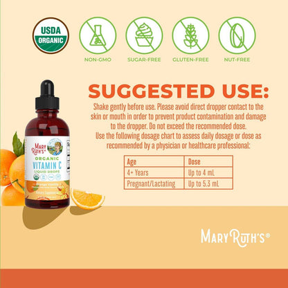 MARYRUTH'S Organic Vitamin C Supplement | Liquid Vitamin C Liquid Drops for Adults & Kids | Immune Support Supplement for Overall Health | Vegan | Non-GMO | Gluten Free | 4 Fl Oz