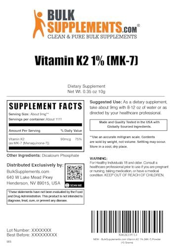 BulkSupplements.com Vitamin K2 Powder - – High Potency: Each serving provides 9mg of vitamin K2 as menaquinone-7, – Image 1