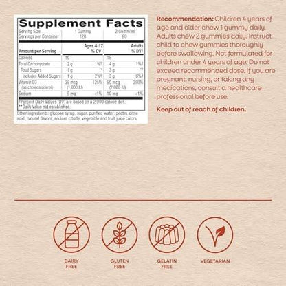 Nature's Way Vitamin D3 Gummies, Supports Immune Function and Bone Health*, 2000 IU (50 mcg) per 2-Gummy Serving, Mixed Fruit Flavored, Gluten Free, Plant-Based Pectin, Vegetarian, 120 Count