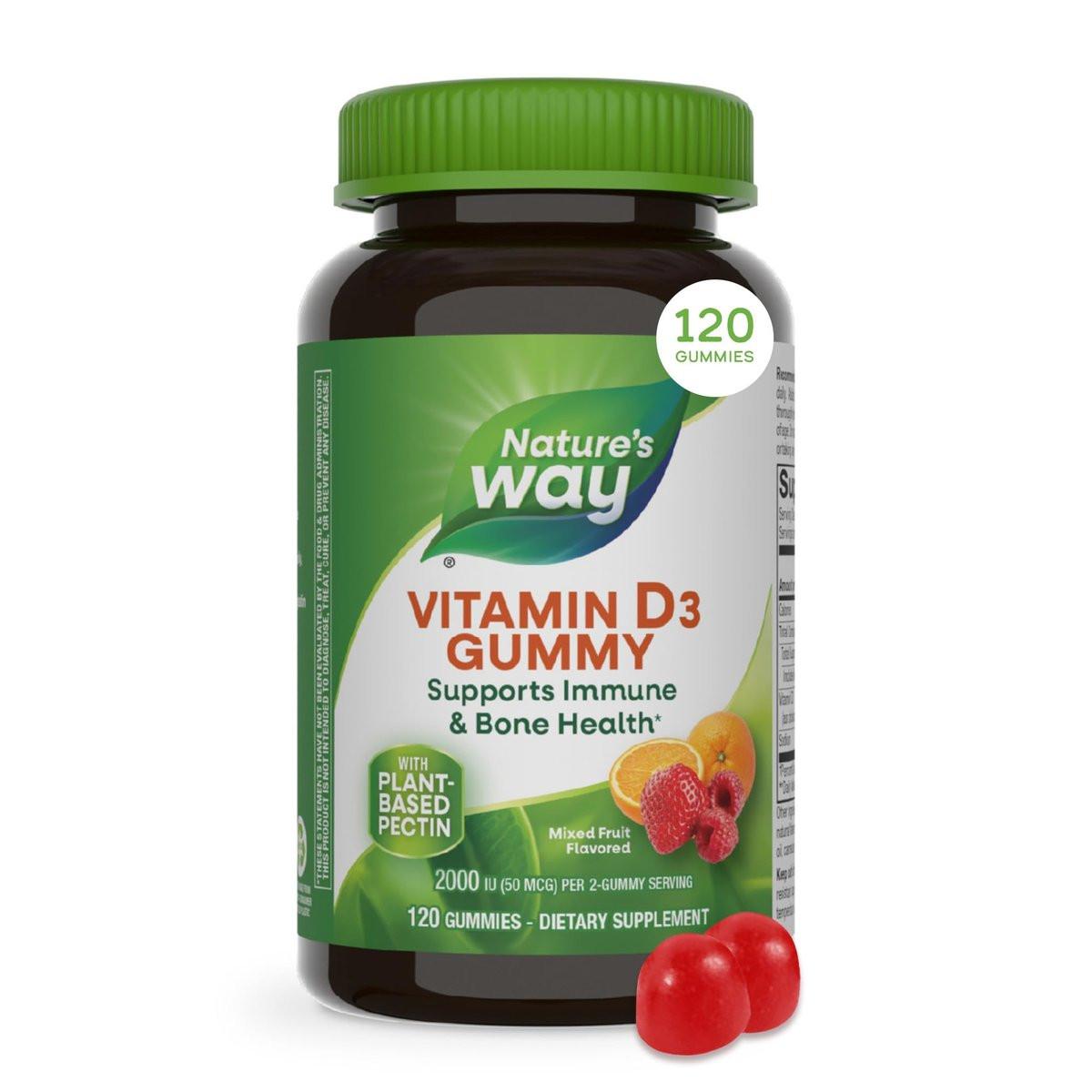 Nature's Way Vitamin D3 Gummies, Supports Immune Function and Bone Health*, 2000 IU (50 mcg) per 2-Gummy Serving, Mixed Fruit Flavored, Gluten Free, Plant-Based Pectin, Vegetarian, 120 Count - görsel 1