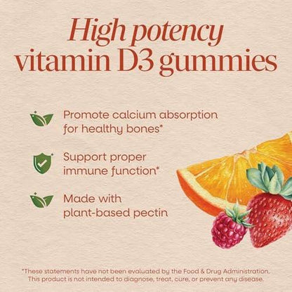 Nature's Way Vitamin D3 Gummies, Supports Immune Function and Bone Health*, 2000 IU (50 mcg) per 2-Gummy Serving, Mixed Fruit Flavored, Gluten Free, Plant-Based Pectin, Vegetarian, 120 Count
