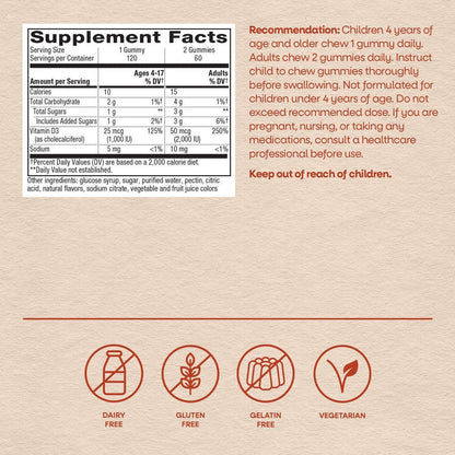 Nature's Way Vitamin D3 Gummies, Supports Immune Function and Bone Health*, 2000 IU (50 mcg) per 2-Gummy Serving, Mixed Fruit Flavored, Gluten Free, Plant-Based Pectin, Vegetarian, 120 Count