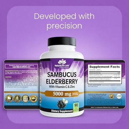 NaturaLife Labs Sambucus Elderberry Capsules – with Vitamin C & Zinc – Immune Support Supplement – 90 Vegan Capsules – Non-GMO & Gluten-Free