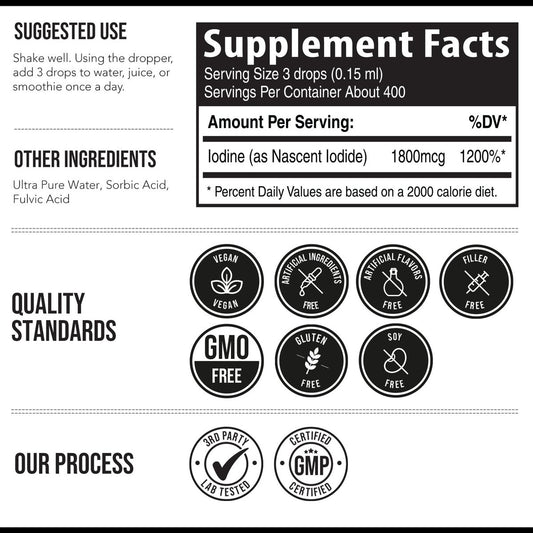 Nascent Iodine Supplement 400 Servings, Glass Bottle, Vegan, 1800 mcg - 600 mcg per Drop - Pure, Clear Color - Supports Thyroid Health, Energy, Immunity & Metabolism (2 oz.)