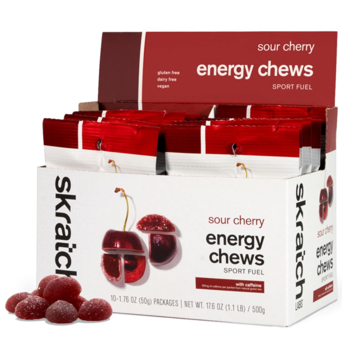 Skratch Labs Energy Chews with 50mg Caffeine | Caffeinated Gummies for Running, Cycling & Endurance Quick Carbs, Easy to Digest | Sour Cherry 10 Pack | Gluten Free, Vegan - görsel 6
