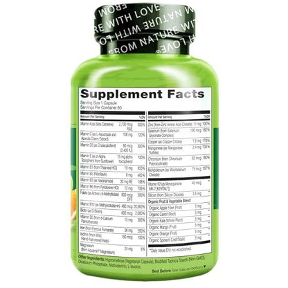 NATURELO Bariatric Multivitamin - One Daily with Iron - Supplement for Post Gastric Bypass Surgery Patients - Natural Whole Food Nutrition - 60 Veggie Capsules