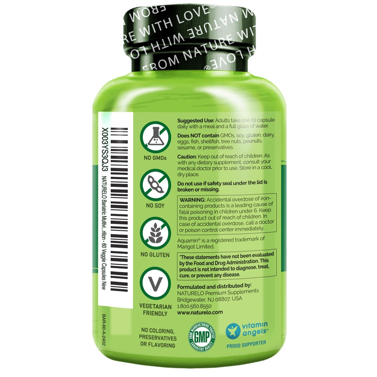 NATURELO Bariatric Multivitamin - One Daily with Iron - Supplement for Post Gastric Bypass Surgery Patients - Natural Whole Food Nutrition - 60 Veggie Capsules - görsel 1
