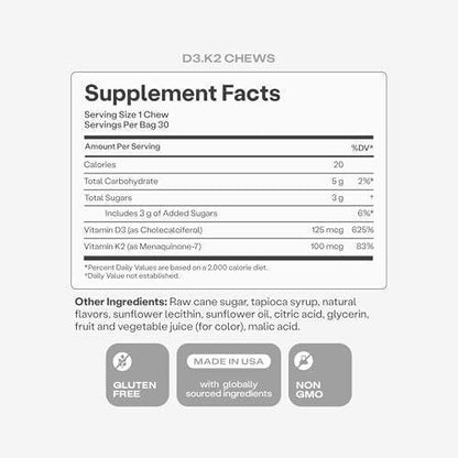 Humann Vitamin D3 + K2 Chews - High Potency Vitamin D 5000iu (125mcg) Helps Support Healthy Mood, Immunity, Cardiovascular, Respiratory Health & Bone Health, Mixed Berry Flavor, 30 Count