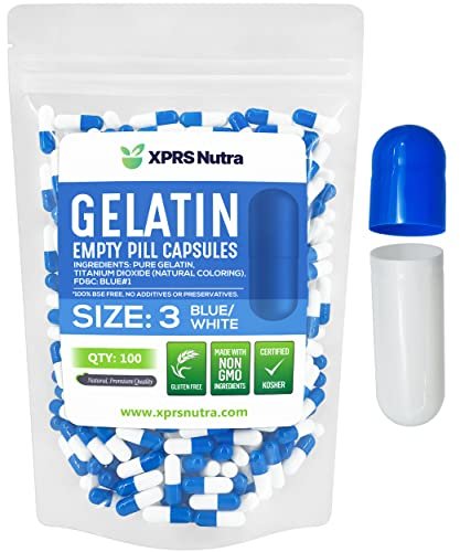 XPRS Nutra Size 3 Empty Capsules - 100 Count Empty Gelatin Capsules - Pills DIY Capsule Filling - Pure Bovine Pill Gel Caps Fillable for Do-It-Yourself Vitamins and Supplements (Blue/White) - görsel 2