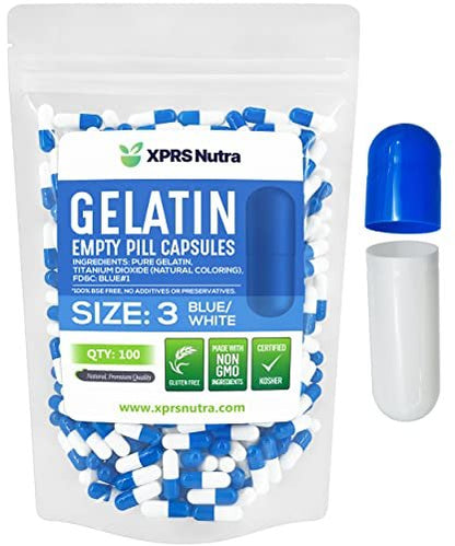 XPRS Nutra Size 3 Empty Capsules - 100 Count Empty Gelatin Capsules - Pills DIY Capsule Filling - Pure Bovine Pill Gel Caps Fillable for Do-It-Yourself Vitamins and Supplements (Blue/White)