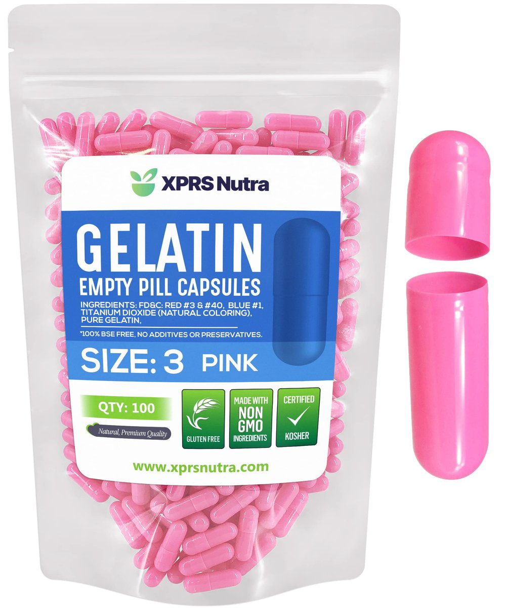 XPRS Nutra Size 3 Empty Capsules - 100 Count Empty Gelatin Capsules - Pills DIY Capsule Filling - Pure Bovine Pill Gel Caps Fillable for Do-It-Yourself Vitamins and Supplements (Pink) - görsel 1