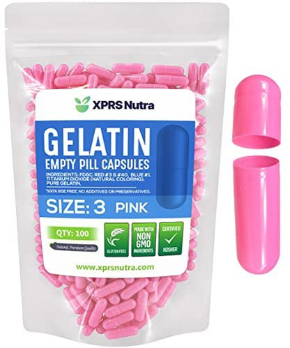 XPRS Nutra Size 3 Empty Capsules - 100 Count Empty Gelatin Capsules - Pills DIY Capsule Filling - Pure Bovine Pill Gel Caps Fillable for Do-It-Yourself Vitamins and Supplements (Pink)
