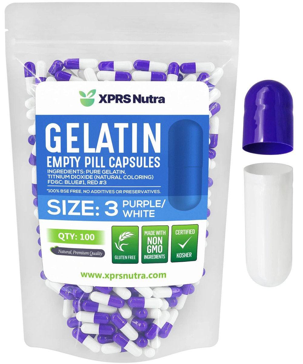 XPRS Nutra Size 3 Empty Capsules - 100 Count Empty Gelatin Capsules - Pills DIY Capsule Filling - Pure Bovine Pill Gel Caps for Do-It-Yourself Supplements (Purple/White) - görsel 1