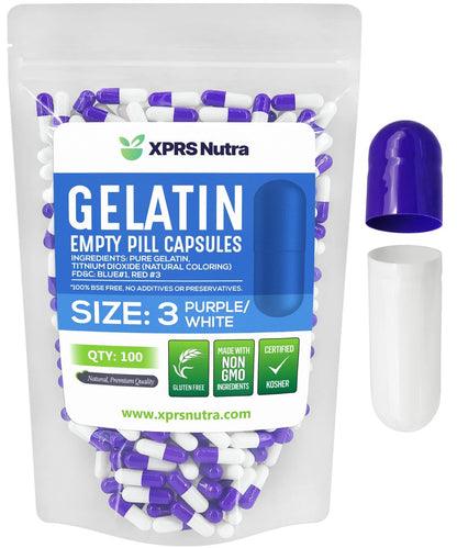 XPRS Nutra Size 3 Empty Capsules - 100 Count Empty Gelatin Capsules - Pills DIY Capsule Filling - Pure Bovine Pill Gel Caps for Do-It-Yourself Supplements (Purple/White)
