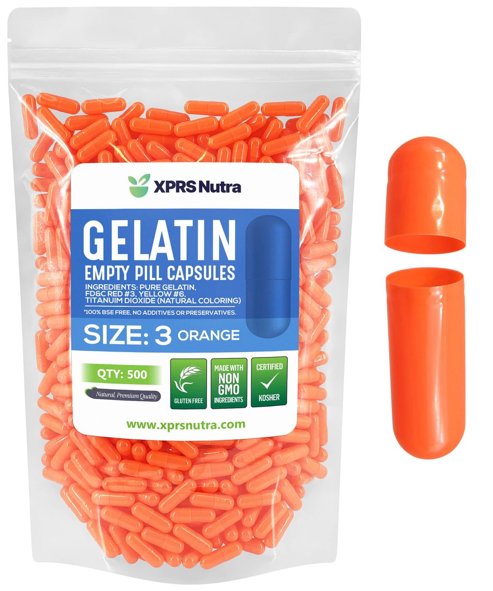 XPRS Nutra Size 3 Empty Capsules - 500 Count Empty Gelatin Capsules - Pills DIY Capsule Filling - Pure Bovine Pill Gel Caps for Do-It-Yourself Supplements (Orange) - görsel 1