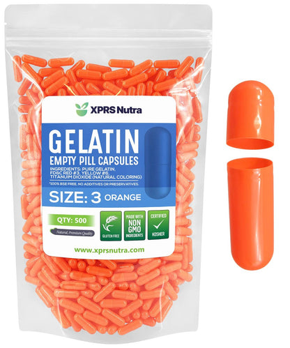 XPRS Nutra Size 3 Empty Capsules - 500 Count Empty Gelatin Capsules - Pills DIY Capsule Filling - Pure Bovine Pill Gel Caps for Do-It-Yourself Supplements (Orange)